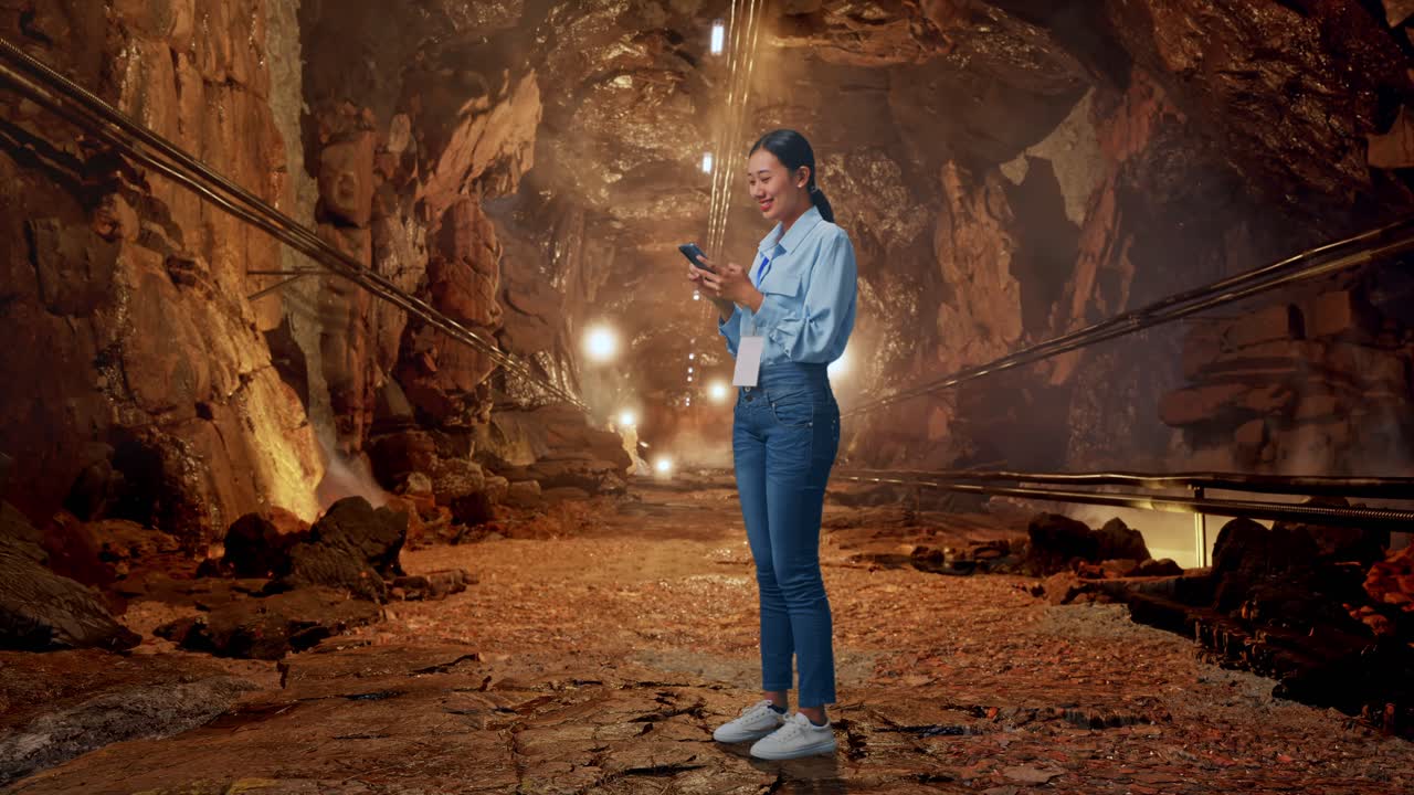 Full Body Side View Of Asian Female With Her Phone In Underground Mine Tunnel, Working Continuously With Her Phone