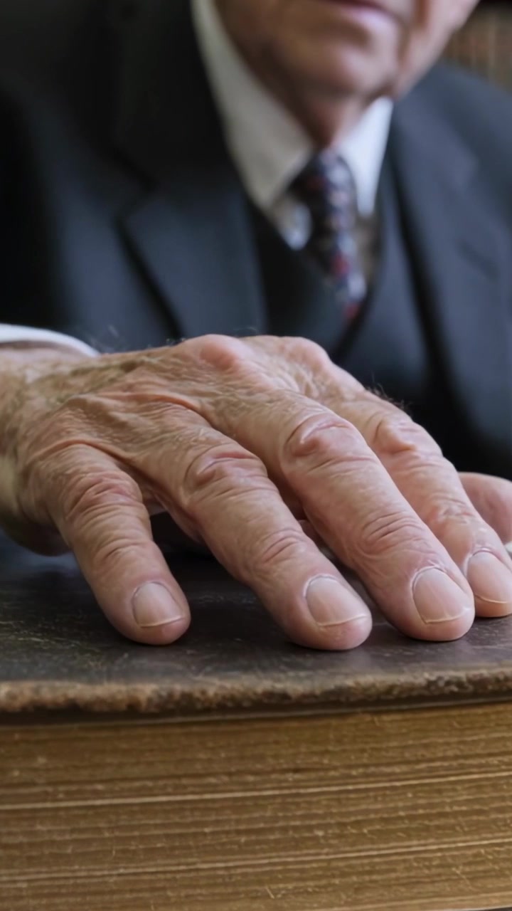 Video verticale: Anziano in abito che posiziona la mano, sistema le dita e preme il palmo su un libro usurato nello studio.
