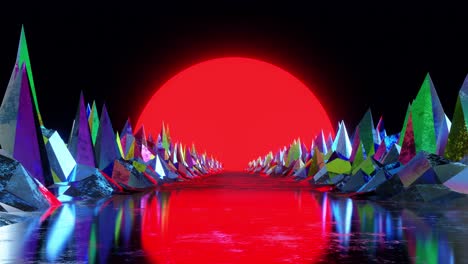 vj animación de bucle de una carretera de neón al estilo de los años 80. viaje al sol a lo largo de la superficie del río.