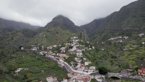 high panoramic aerial view over hermigua in santa cruz de tenerife. drone shot