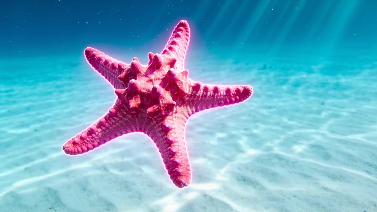 Stella marina rosa brillante a cinque braccia che ruota e ondeggia mentre la corrente la spinge sulla sabbia increspata, con raggi di sole.