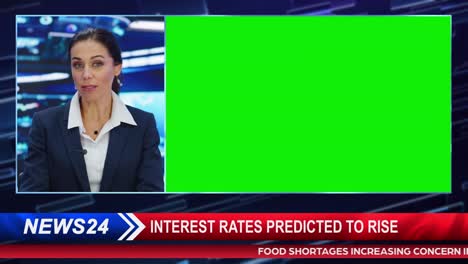 split screen tv news live report: anchor talks, reporting. reportage montage with picture in picture green screen. side by side chroma key display. television program channel playback. luma matte