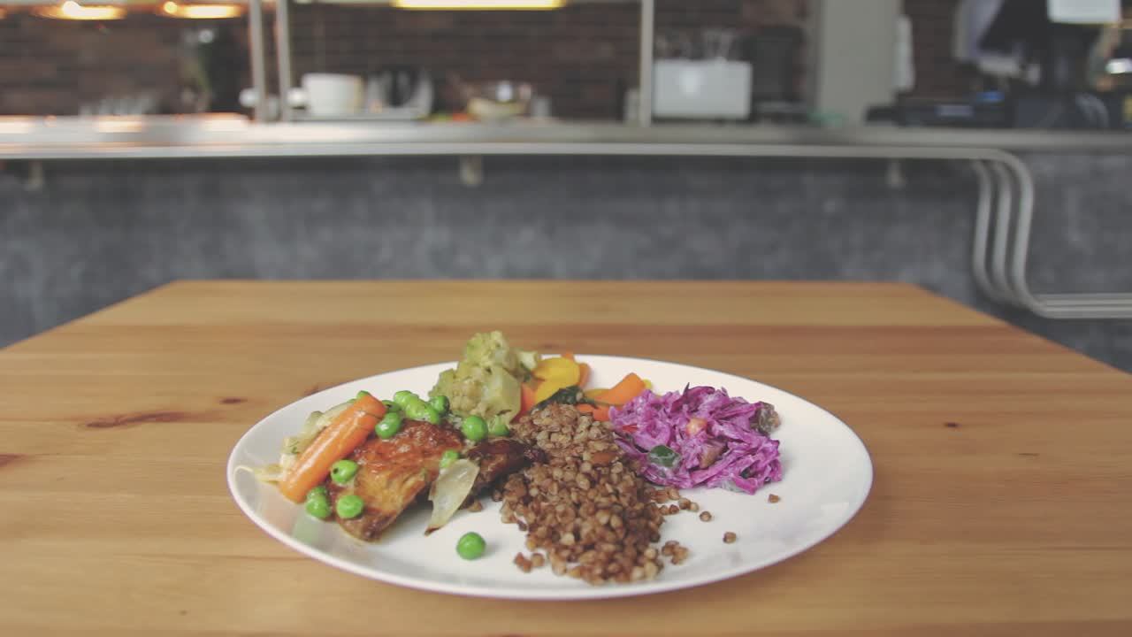 Dish on a plate with a restaurant in background