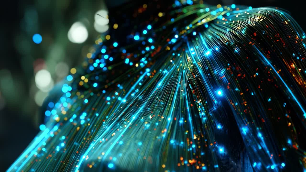 A mesmerizing close-up view of a shimmering, illuminated fabric adorned with vibrant, colorful lights, showcasing intricate patterns and textures in a stunning visual display