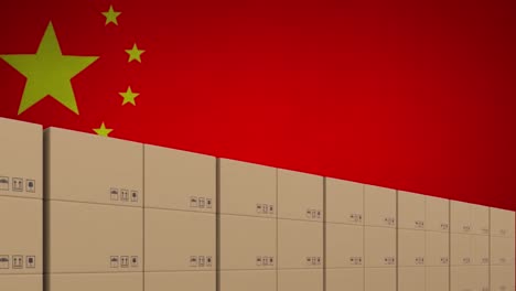 Animation-Von-Pappkartons-über-Der-Flagge-Chinas