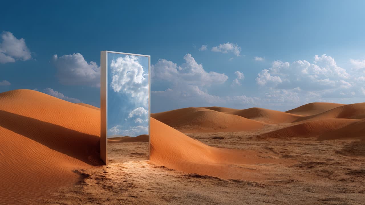 Un riflesso mistico: uno specchio enigmatico che si erge in un vasto paesaggio desertico sotto un cielo blu con nuvole soffici, invitando all'immaginazione e alla meraviglia
