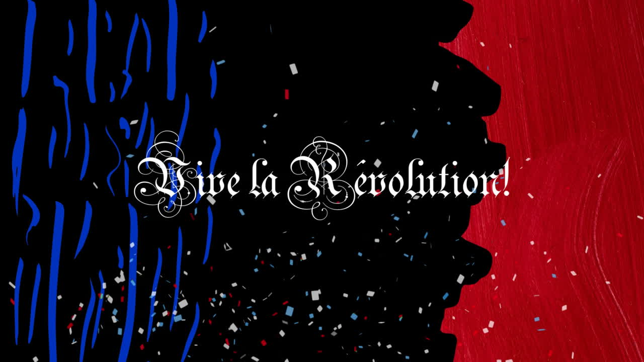 프랑스 국기와 검은색 배경의 콘페티와 함께 vive la révolution 텍스트의 애니메이션
