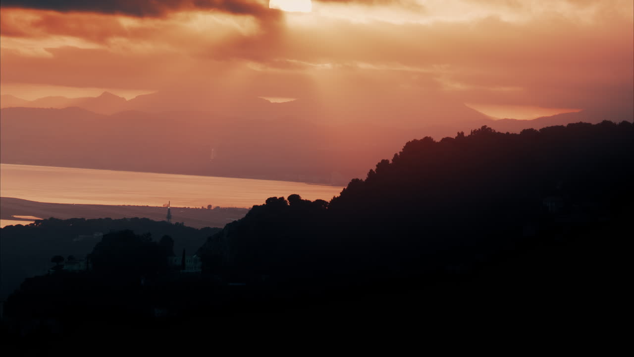 Aerial view of the Eze seaside commune in the Alpes-Maritimes in Southeastern France at sunset