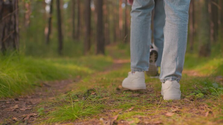 Close-up rear view of two hikers walking along forest trail, one wearing white sneakers, other in black sneakers, both dressed in blue jeans