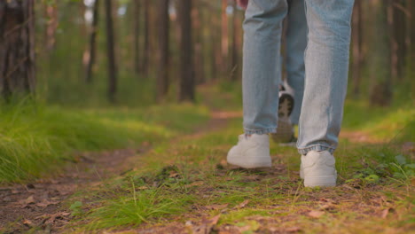 vista trasera de cerca de dos excursionistas caminando por el sendero del bosque, uno con zapatillas blancas, el otro con zapatillas negras, ambos vestidos con vaqueros azules