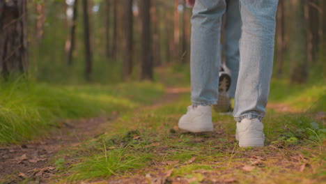 close-up rear view of two hikers walking along forest trail, one wearing white sneakers, other in black sneakers, both dressed in blue jeans