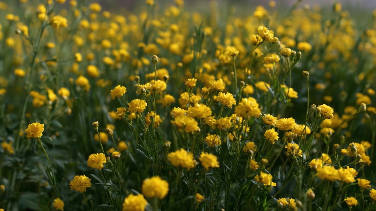 Un campo vibrante di fiori gialli in piena fioritura, che mostra la bellezza della natura attraverso una vegetazione lussureggiante e vivaci esposizioni floreali in un paesaggio suggestivo.