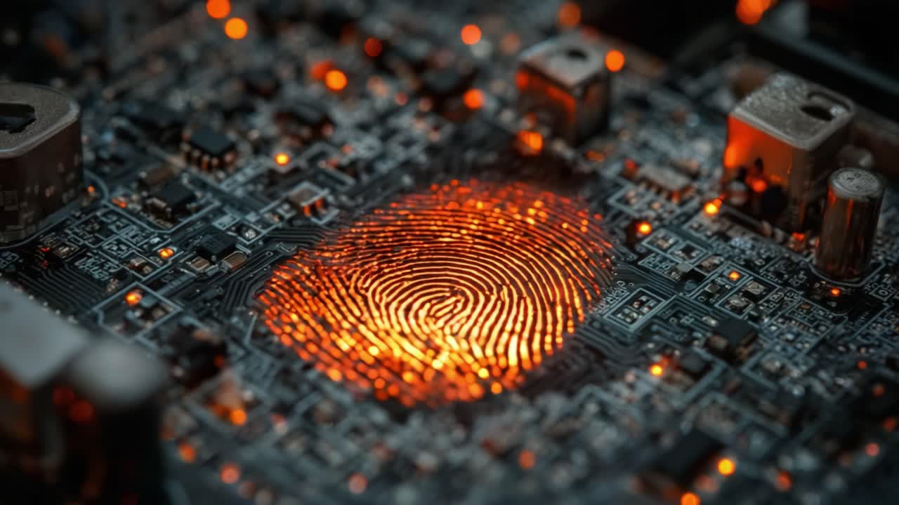 A Close-Up View of a Circuit Board Featuring a Unique Orange Glow in the Shape of a Fingerprint, Blending Technology and Personal Identity in a Striking Visual Presentation