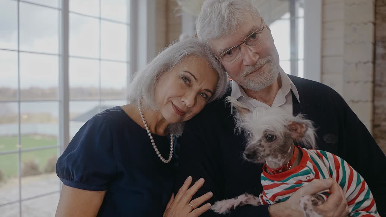 할아버지와 할머니는 손에 개를 들고 크리스마스에 카메라를 쳐다보고 있습니다.