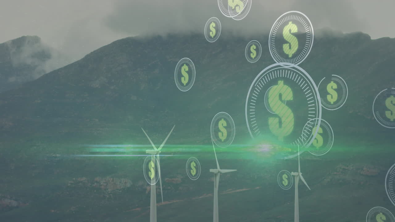 turbinas eólicas que generan energía renovable con animación de signos de dólar sobre las montañas