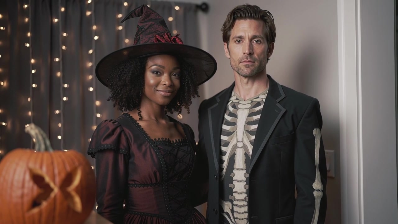 Starting camera couple posing at home for Halloween in witch outfit skeleton top, pumpkin lights