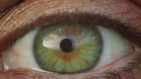 Makro-Augenöffnung-In-Nahaufnahme-Mit-Wunderschöner-Iris,-Die-Blinkt-Und-Sich-Umschaut,-Gesundes-Sehkonzept