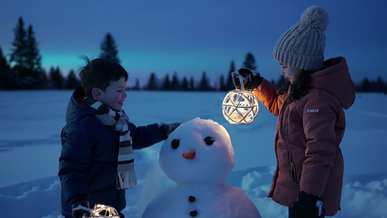 Twilight falling sending siblings holding, raising lanterns illuminating snowman in snow clearing