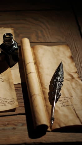 antique documents and writing utensils on a wooden table