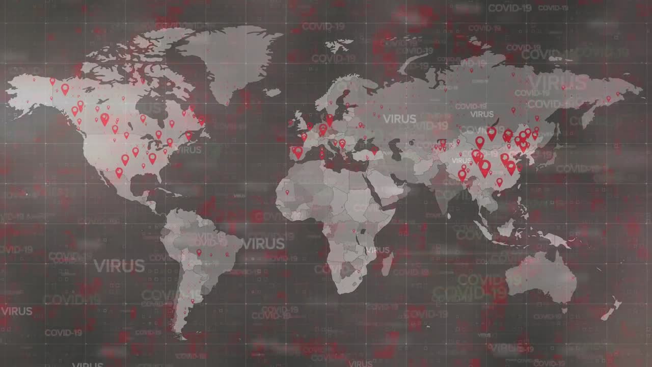 animación de células de covid 19 y procesamiento de datos en el mapa del mundo