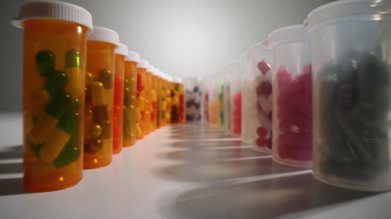 Rows of colorful pills and capsules in various plastic bottles