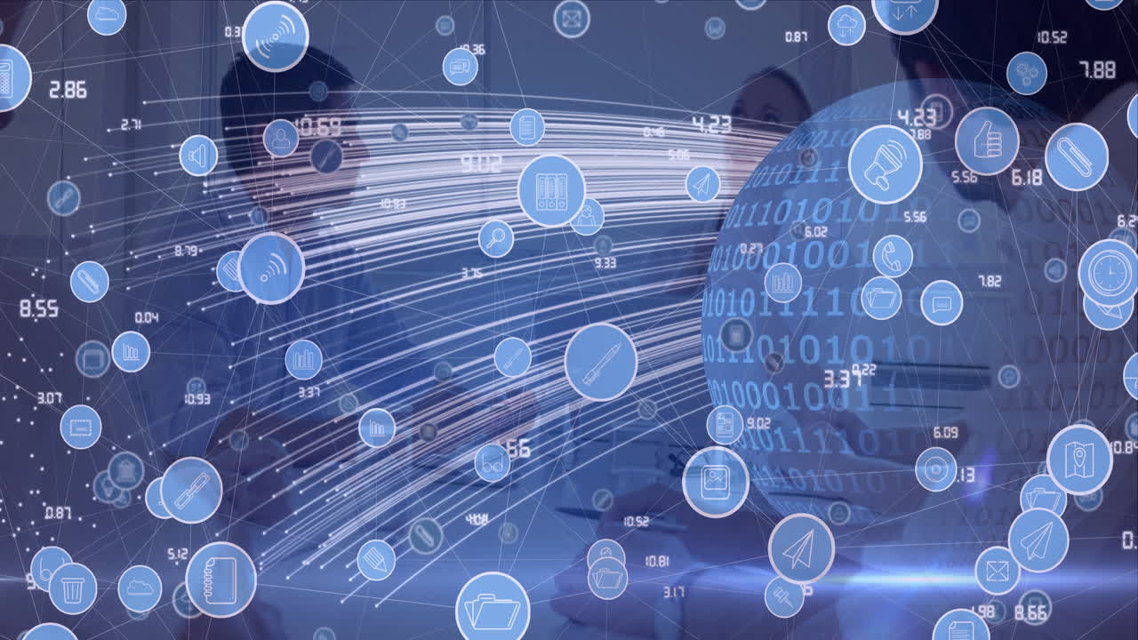 사무실에서 논의하는 사업가들을 상대로 전 세계에 바이너리 코딩을 통해 디지털 아이콘의 네트워크