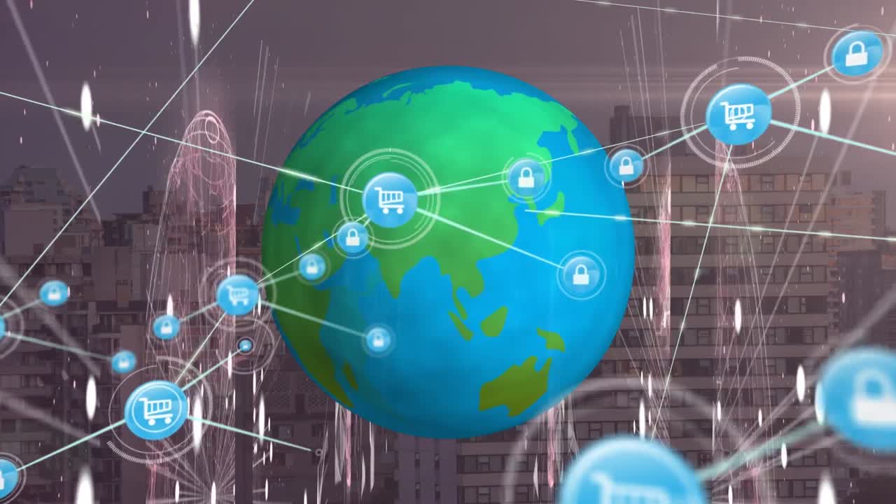 서버  ⁇  위에 아이콘과 글로브로 연결된 네트워크의 애니메이션