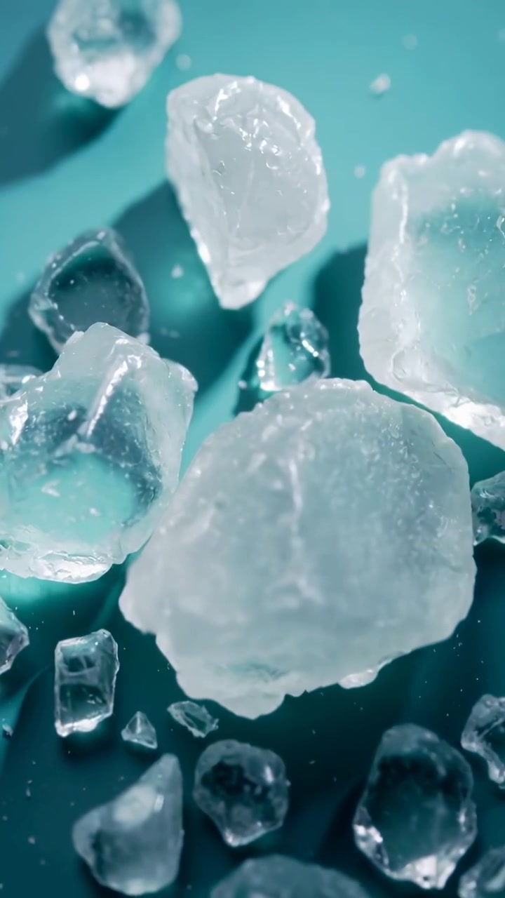 Video verticale: Telecamera che si sposta rivelando pezzi lattiginosi con frammenti trasparenti su un tavolo color verde acqua, mostrando scintille.