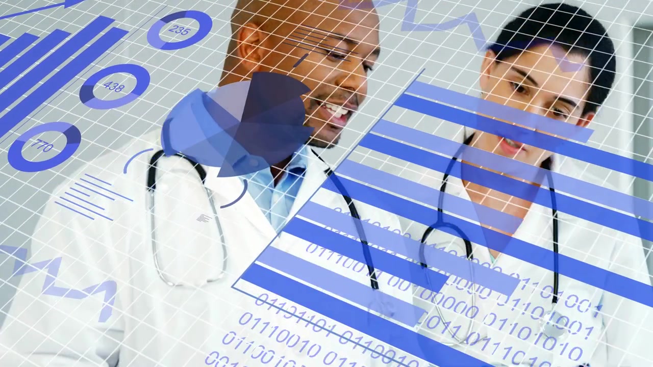 Two male clinicians holding tablet and reviewing overlaid charts, binary data guiding diagnosis