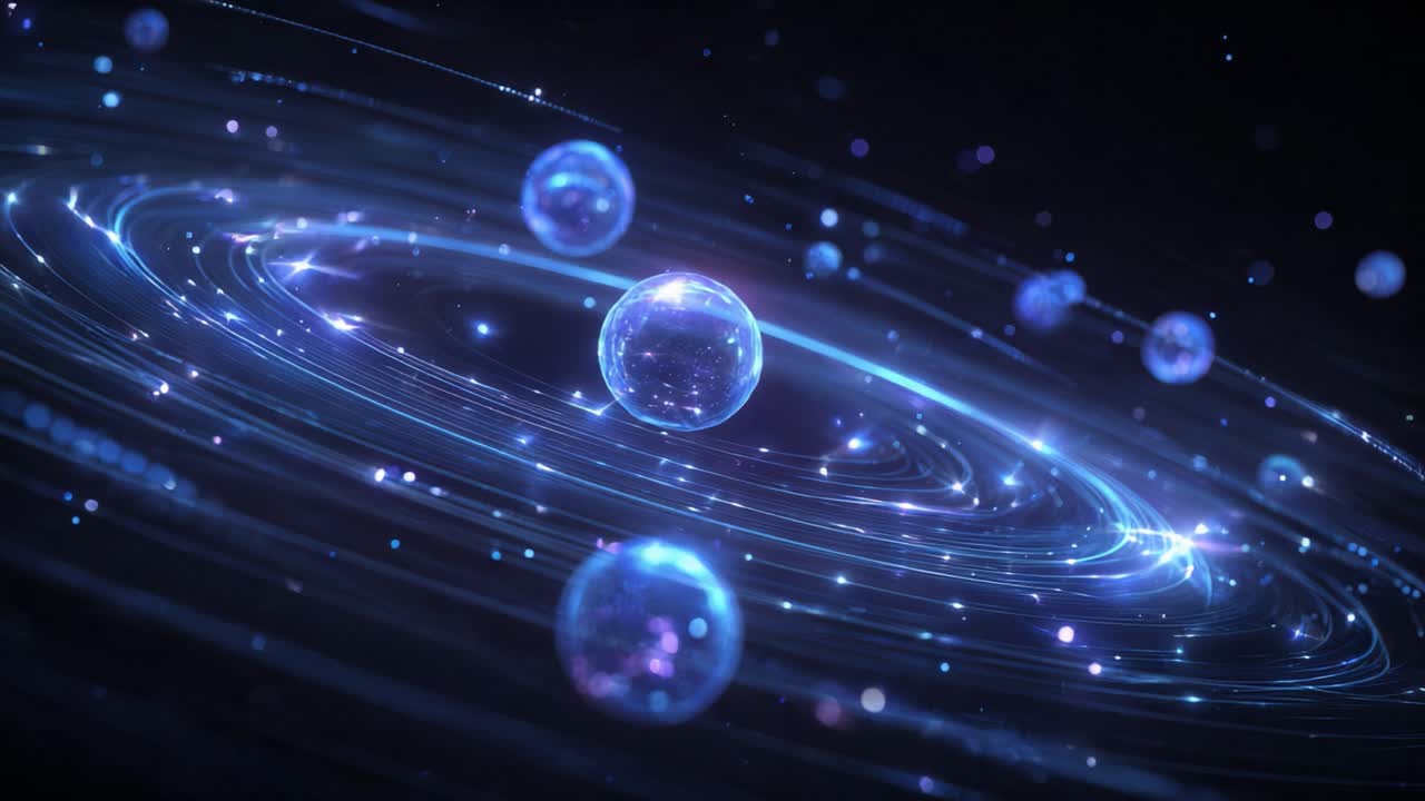 Abstract blue bubbles floating in rotating glowing orbits with sparkling particles creating a mesmerizing and futuristic visual representation of an atomic structure or a miniature universe