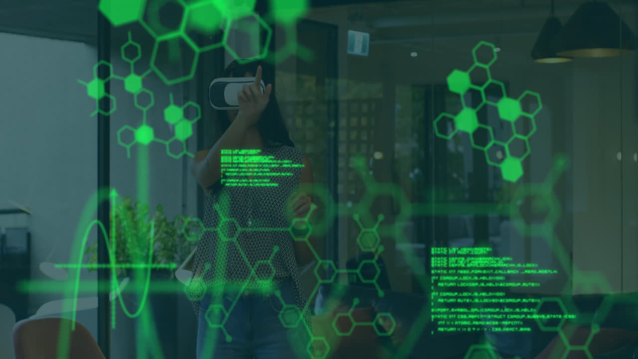 사무실에서 vr 헤드 ⁇ 을 착용하는 백인 여성에 대한 과학적 데이터의 애니메이션