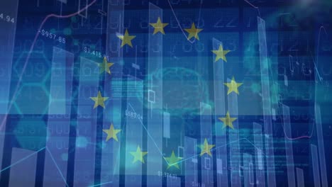 animation of diverse financial and scientific data and graphs over european union flag