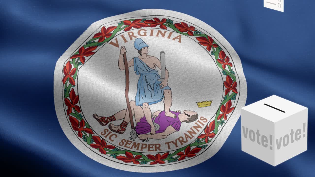 estado de virginia - las papeletas de votación vuelan a la caja para la selección de virgina - caja de votación delante de la bandera - elección - voto - bandera nacional patrón de onda del estado de virgina elementos loopable - textura de tela y bucle sin fin - bandera loopable del estado de virginia