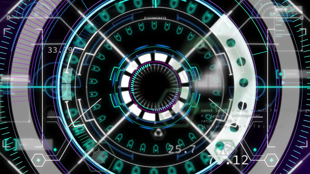 Animation of digital icons and data processing over round scanner against black background