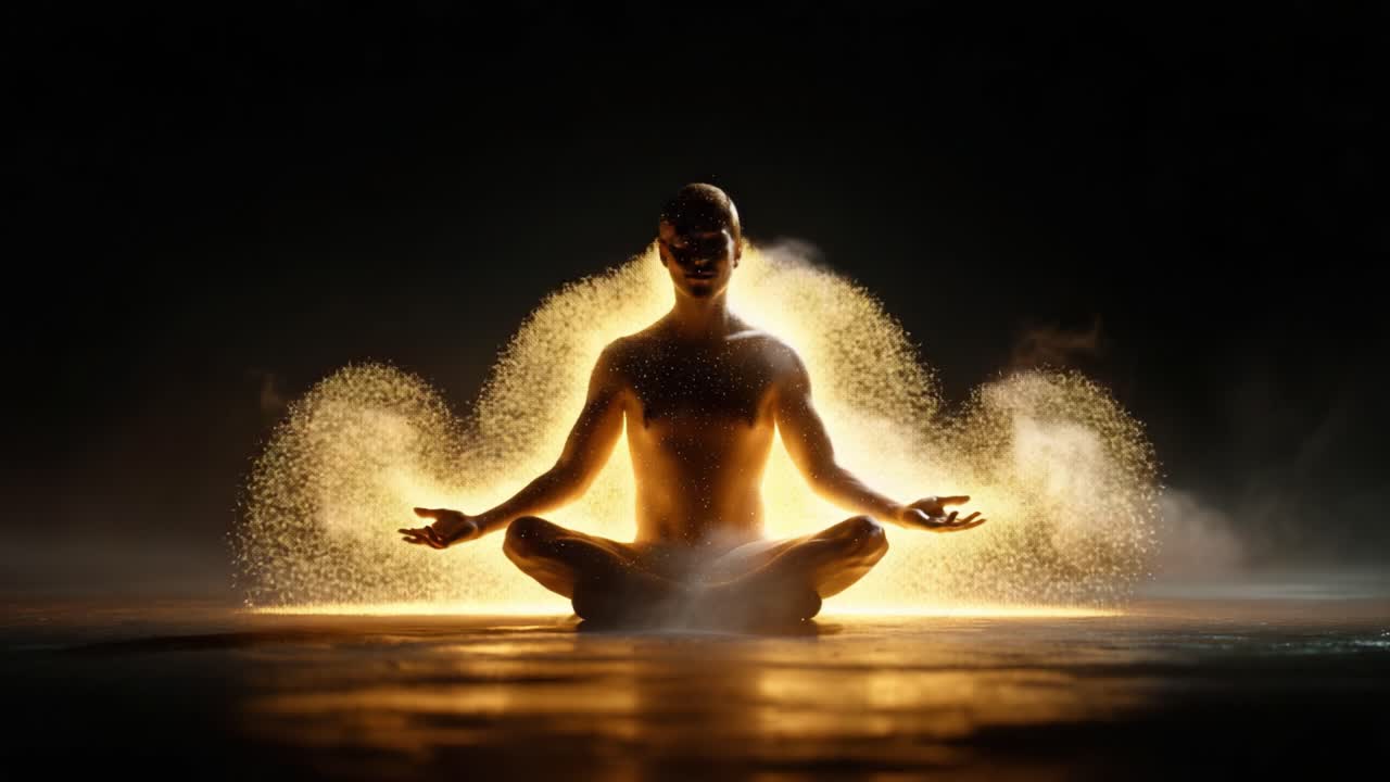A Transcendent Moment: A Silhouetted Figure Meditates Amidst a Mystical Glow of Light and Particles, Representing Inner Peace and Spiritual Awakening