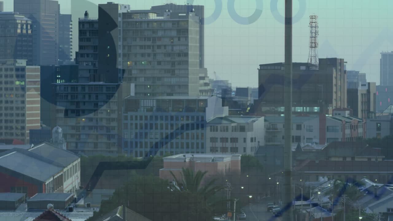 낮 동안 도시 풍경에 대한 통계 및 데이터 처리의 애니메이션