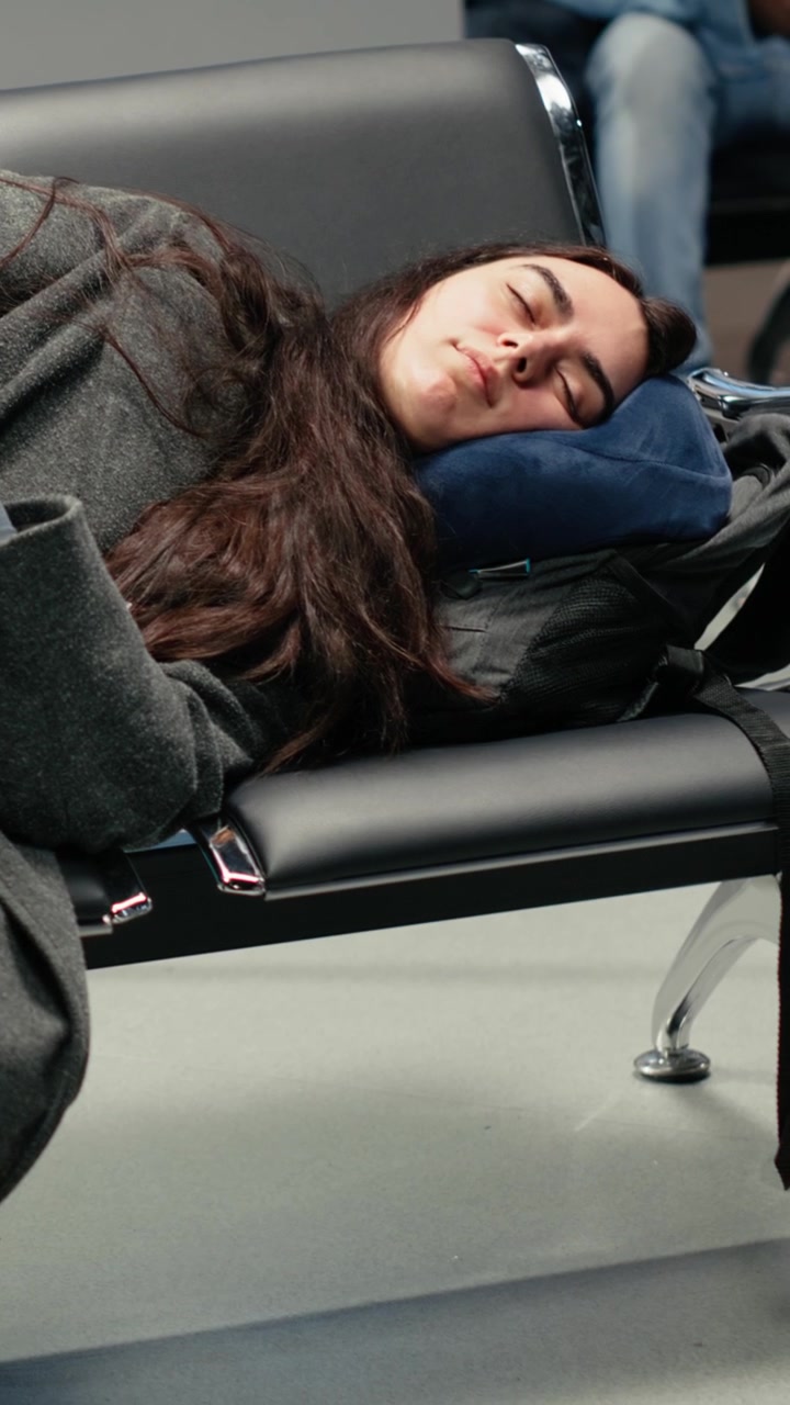 Video verticale. Donna stanca nella lounge dell'aeroporto che dorme su una panca di metallo.