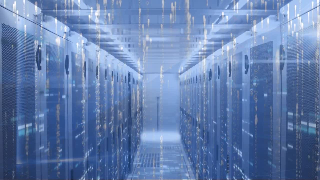Animation of light trails, binary coding and mosaic squares against computer server room