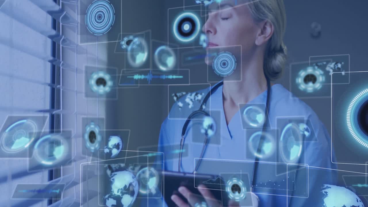 Animation of scopes and data processing on screens over caucasian female doctor with tablet