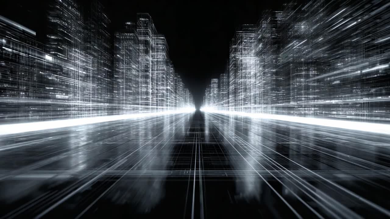 A Glimmering Futuristic Cityscape: Capturing the Essence of High-Tech Urban Living with Dynamic Motion in a Stunning Visual Display of Light and Modernity