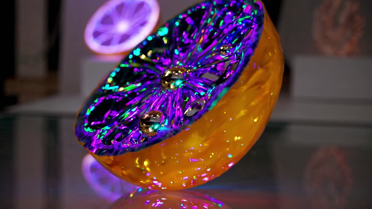 Orange and blue resin lemon slice with metallic reflections and small spheres inside, laying on a reflective surface and illuminated by colorful lights