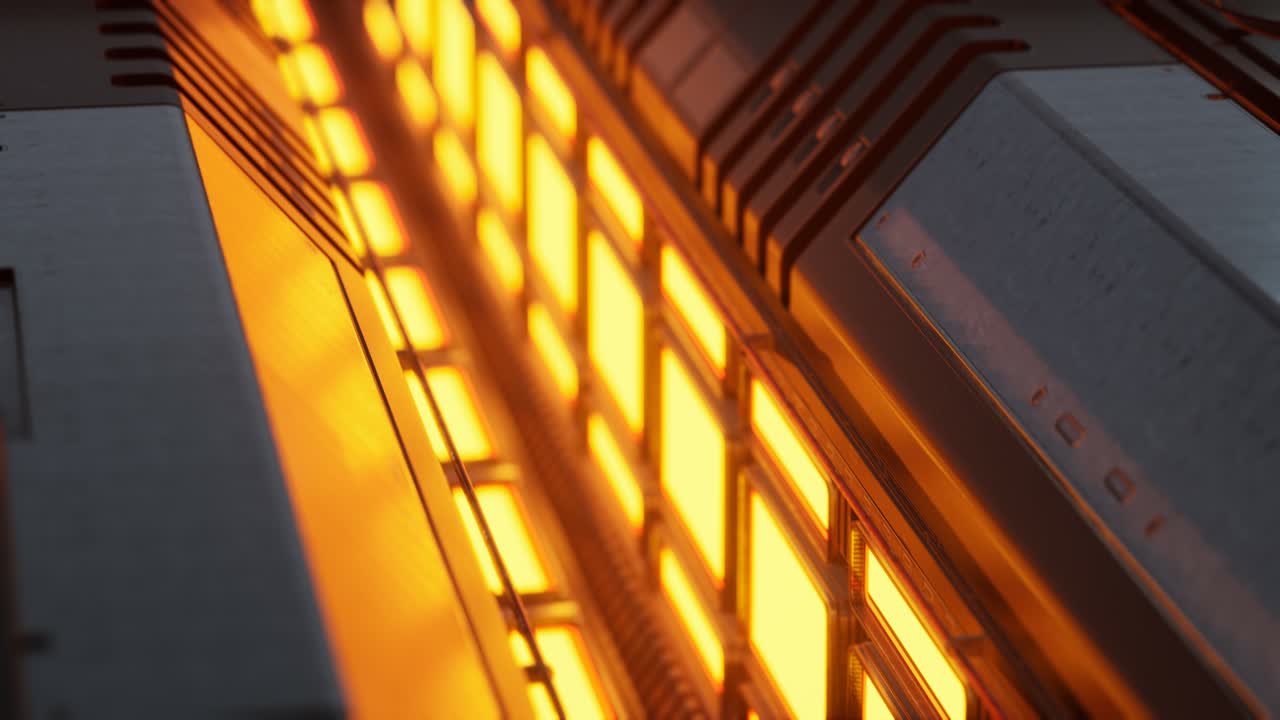 luci gialle e pannelli metallici in interni futuristici