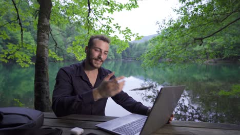conducting an online meeting outdoors.
