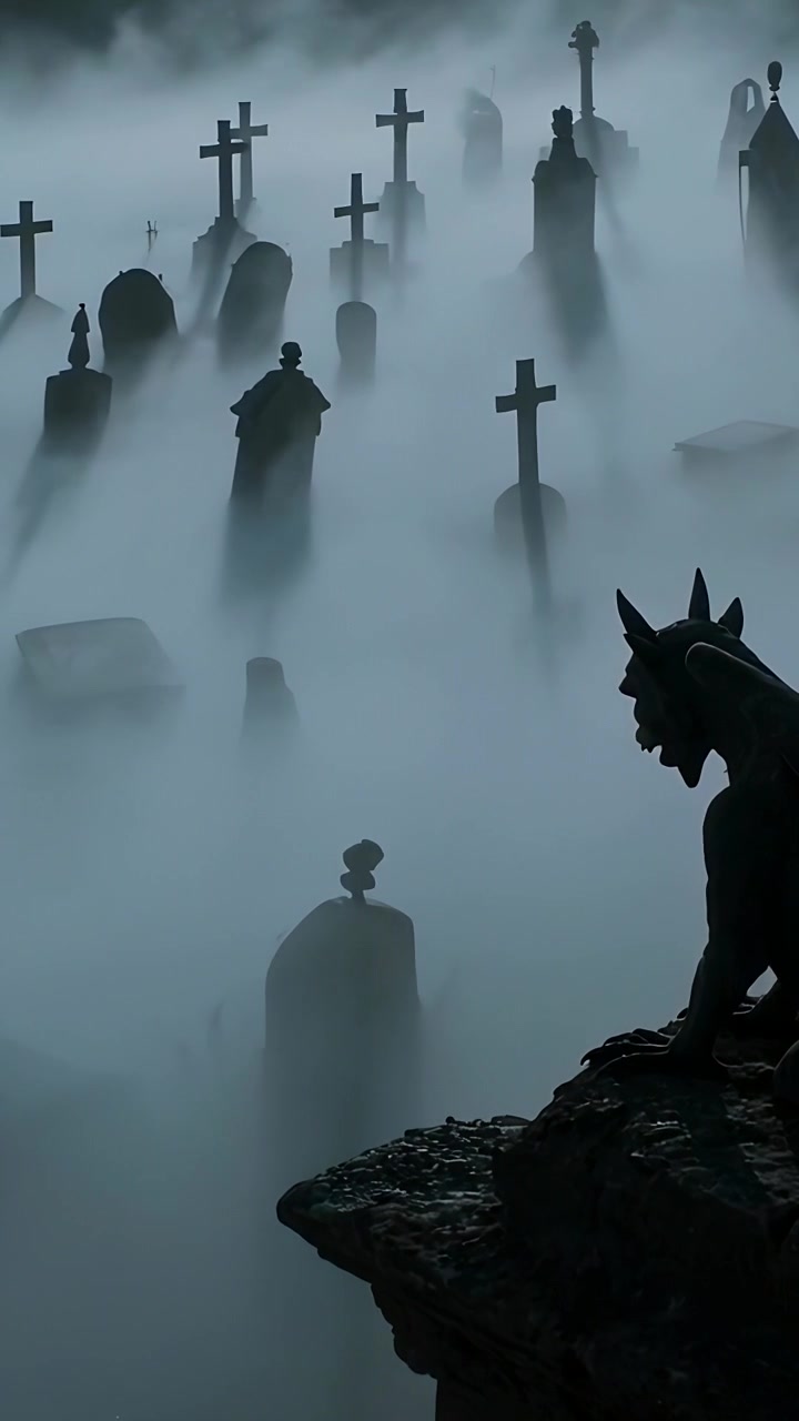 Video verticale: Telecamera che si sposta a sinistra, rivelando un gargoyle a destra, nebbia che espone croci, spazio per il testo.
