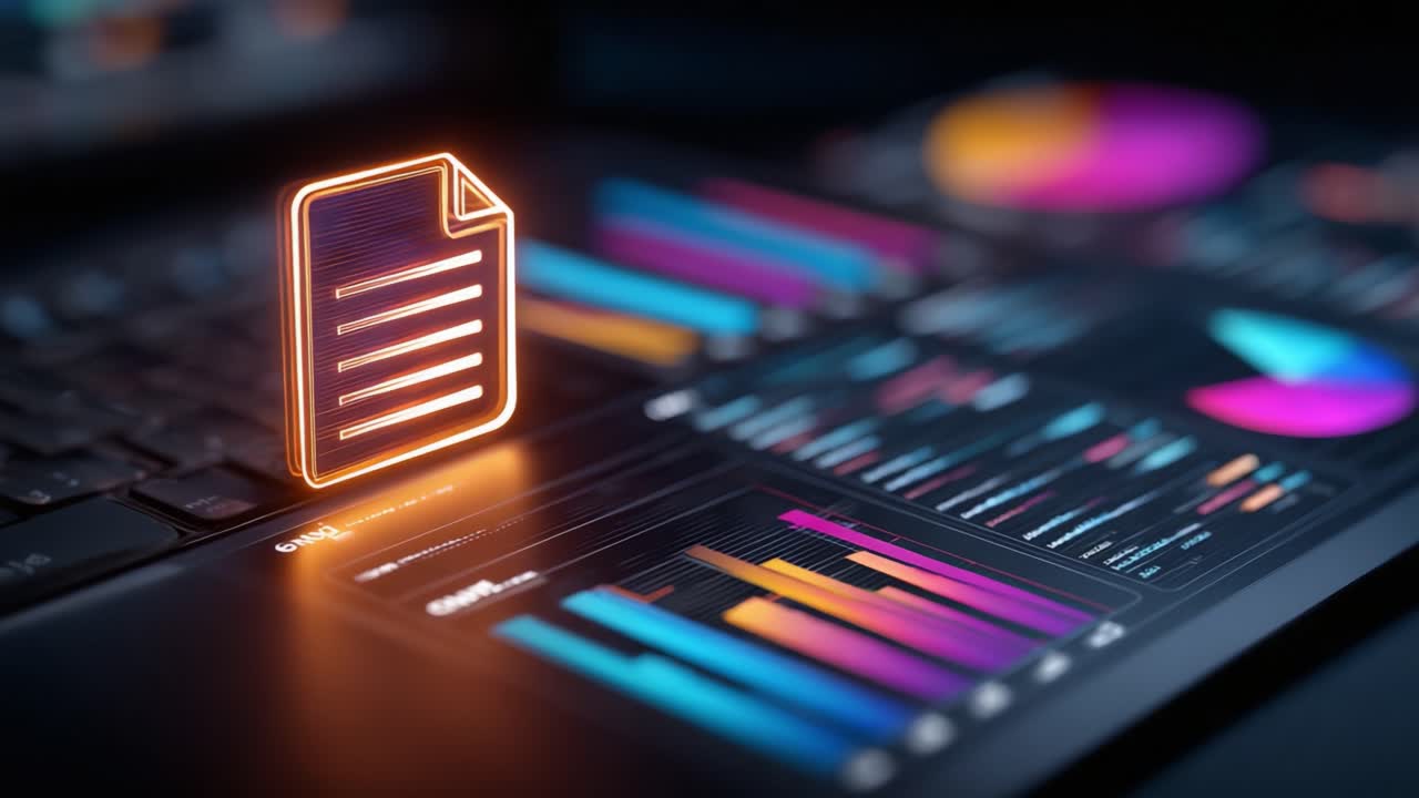 An Engaging Digital Workspace: An Overview of Data Analysis and Visualization Techniques on a Laptop's Interface Featuring Graphs and Document Icon
