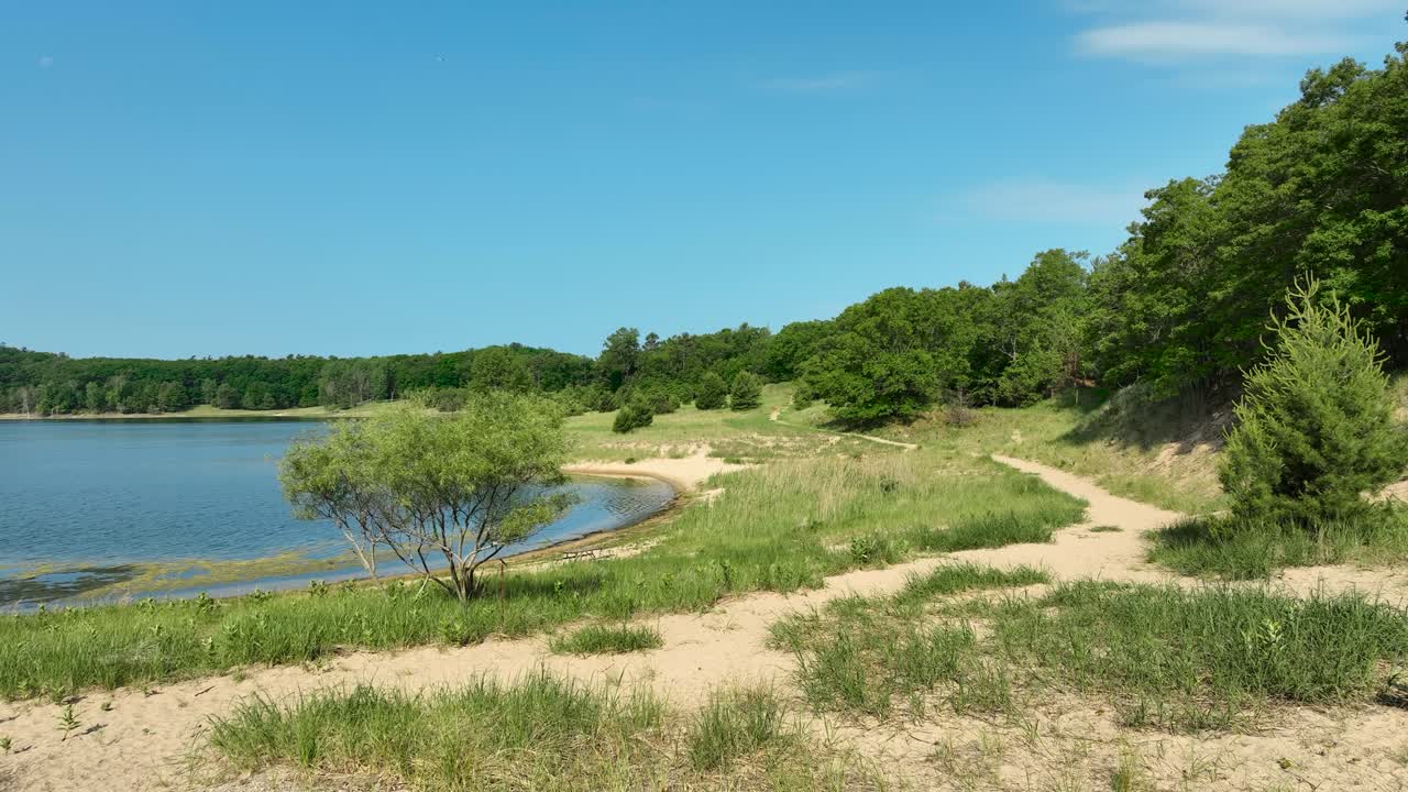 Soft and slow push over a hiking trail leading into nature.