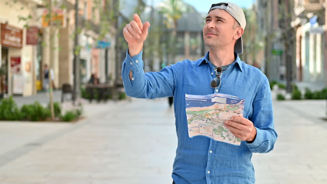 Uomo che esplora la città con una mappa in mano ad Alicante, Spagna