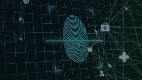 Bio-metric-fingerprint-scanner-against-globe-of-network-of-digital-icons