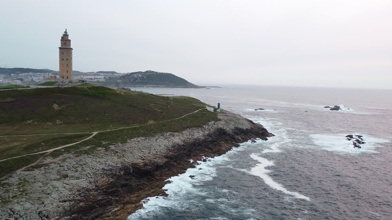 Aerial Coastal scene shot at Torre de H&eacute;rcules, Coruna Spain