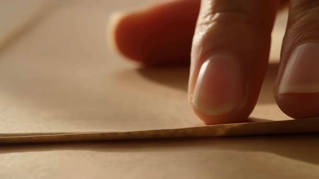 Nærbillede af fingerspidser, der forsigtigt løfter lagdelt kraftpapir ved siden af snor på en bordplade under varmt retningsbestemt lys, hvilket afslører fibrøs tekstur, skinnende negle og taktile detaljer.